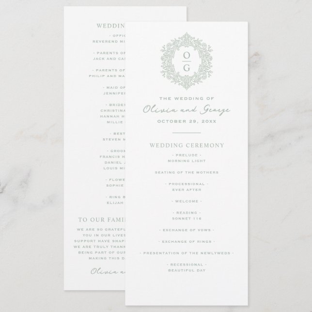 Elegant Sage Green Heirloom Wedding Programme (Front/Back)