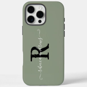 Elegant Sage Green Initals Monogram Script Name  iPhone 16 Pro Max Case