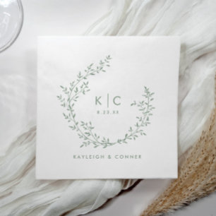 Elegant Sage Green Initials Botanical Wedding Napkin