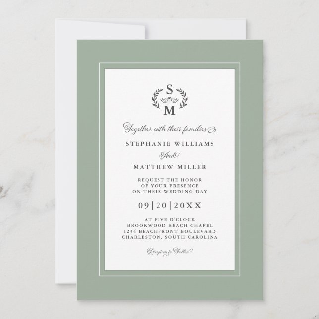 Elegant Sage Green Initials Calligraphy Wedding Invitation (Front)