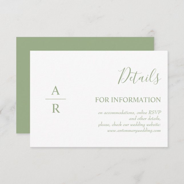 Elegant sage green initials online details wedding enclosure card (Front/Back)