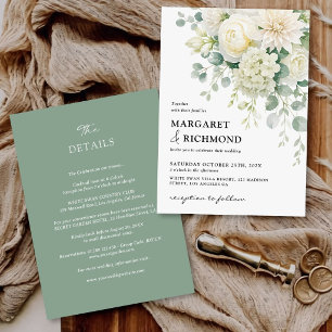 Elegant Sage Green Ivory Floral All-In-One Wedding Invitation