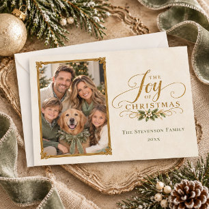 Elegant Sage Green Joy Christmas Family Photo Holiday Card
