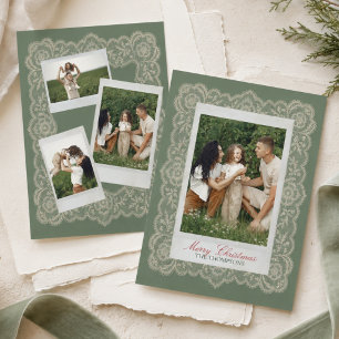 Elegant Sage Green Lace Border Photo Holiday Card
