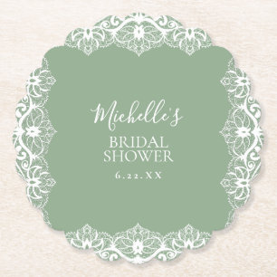 Elegant Sage Green Lace Bridal Shower Paper Coaster