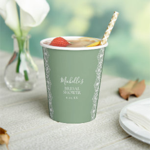 Elegant Sage Green Lace Bridal Shower Paper Cups