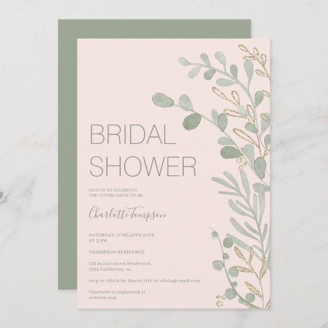 Elegant sage green leaf gold script bridal shower invitation (Front/Back)