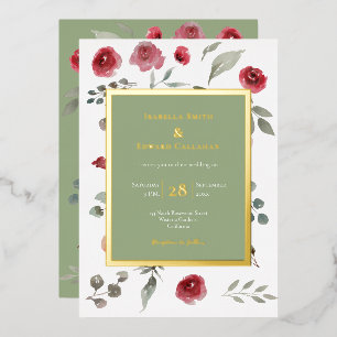 Elegant Sage Green Leaves Burgundy Roses Gold