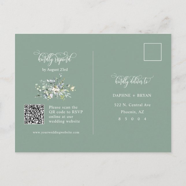 Elegant Sage Green Leaves QR Code Address RSVP Postcard (Back)