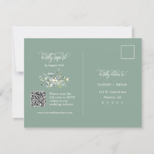 Elegant Sage Green Leaves QR Code Address RSVP Postcard