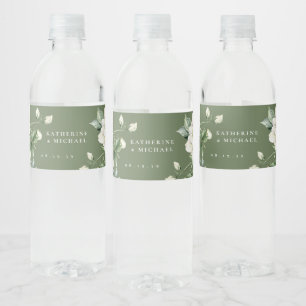 Elegant Sage Green Leaves & Rose Ivory Wedding Water Bottle Label