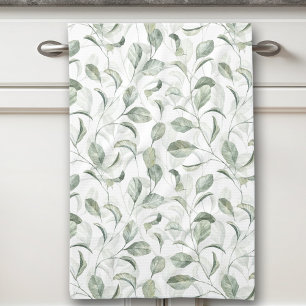 Elegant Sage Green Leaves Watercolor Pattern Tea Towel