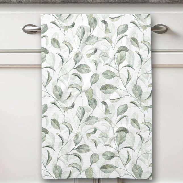 Elegant Sage Green Leaves Watercolor Pattern Tea Towel (Elegant Sage Green Leaves Watercolor Pattern Kitchen Towel)