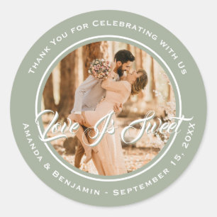 Elegant Sage Green Love Is Sweet Wedding Photo Classic Round Sticker
