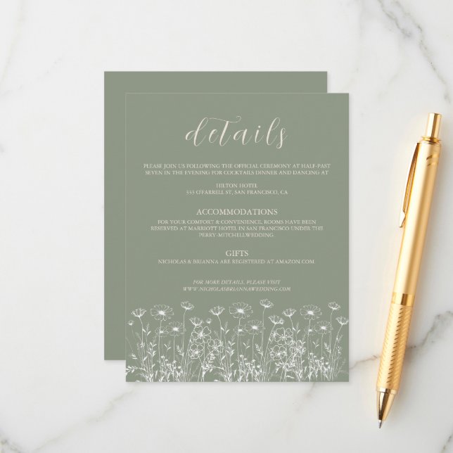 Elegant Sage Green Minimalist Boho Floral Wedding Enclosure Card (Front/Back In Situ)