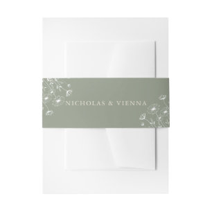 Elegant Sage Green Minimalist Boho Floral Wedding Invitation Belly Band