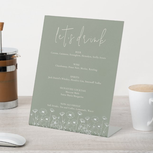 Elegant Sage Green Minimalist Boho Floral Wedding Pedestal Sign (In SItu)