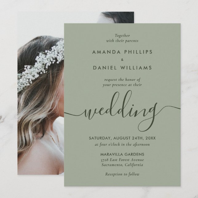 Elegant Sage Green Modern Script Photo Wedding Invitation (Front/Back)