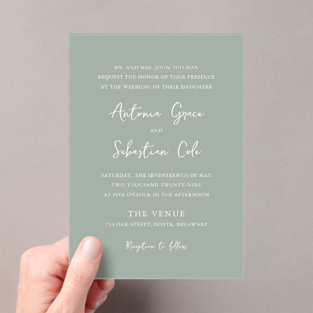 Elegant Sage Green Modern Wedding Acrylic Invitations (Insitu (Handheld))