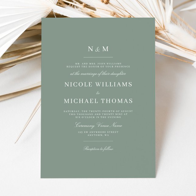 Elegant Sage Green Monogram Classic Wedding Invitation (Creator Uploaded)