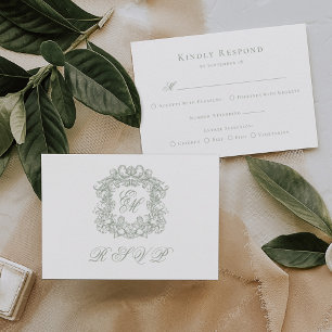 Elegant Sage Green Monogram Crest Meals Wedding RSVP Card