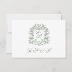 Elegant Sage Green Monogram Crest Meals Wedding RSVP Card