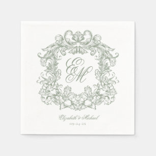 Elegant Sage Green Monogram Crest Script Wedding Napkin