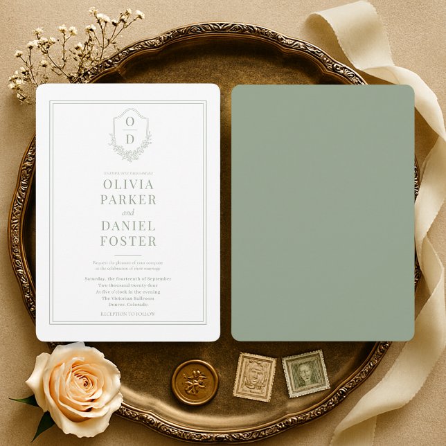 Elegant Sage Green Monogram Crest Wedding Invitation (Creator Uploaded)