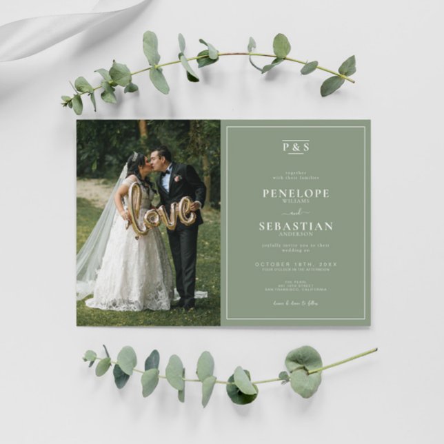 Elegant Sage Green Monogram Formal Photo Wedding Invitation (Creator Uploaded)