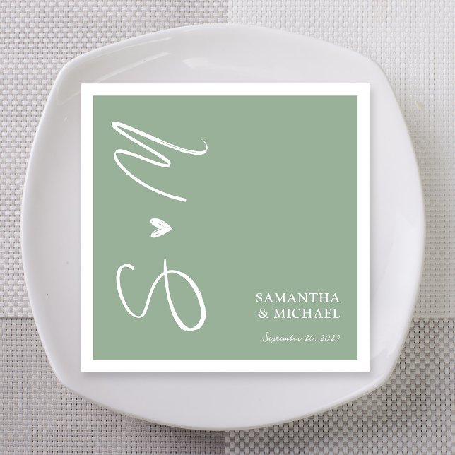 Elegant Sage Green Monogram Initials Wedding Napkin (Elegant Sage Green Monogram Initials Wedding Napkins with Names)