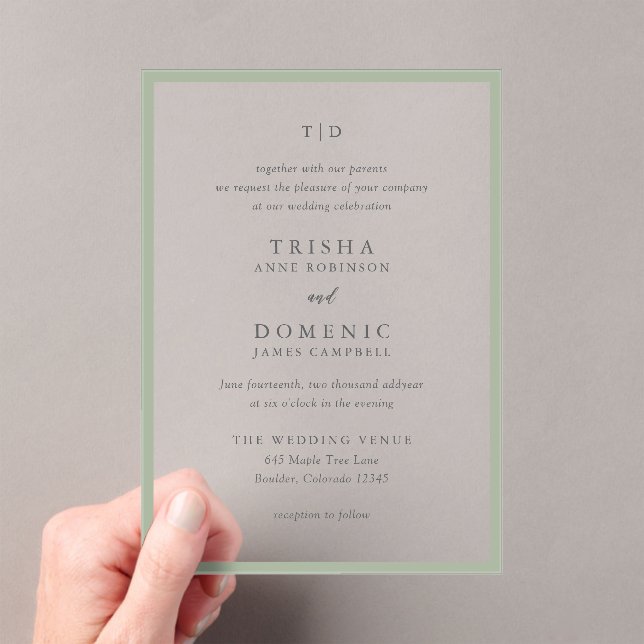 Elegant Sage Green Monogram Modern Wedding Acrylic Invitations (Insitu (Handheld))