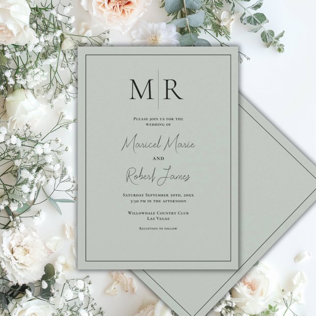 Elegant Sage Green Monogram Modern Wedding Invitation (Creator Uploaded)