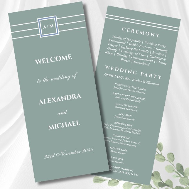 Elegant Sage Green Monogram Modern Wedding Program Programme (Creator Uploaded)