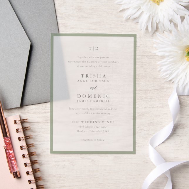 Elegant Sage Green Monogram Modern Wedding Vellum Invitations (Wedding)