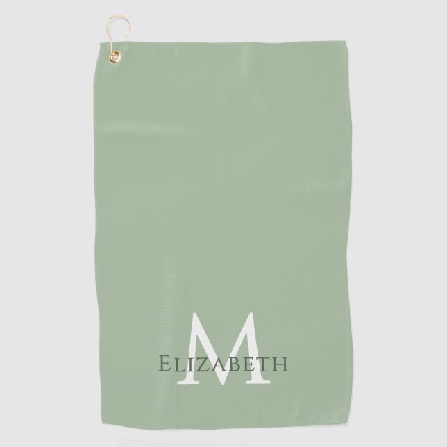 Elegant Sage Green Monogram Name Initial Custom Golf Towel (Front)