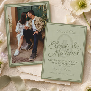 Elegant Sage Green Monogram Photo Save the Date Invitation