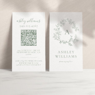 Elegant Sage Green Monogram QR Code Floral Crest  Business Card