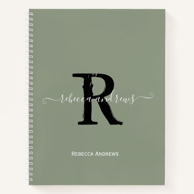 Elegant Sage Green Monogram Script Initial Sketch Notebook (Front)
