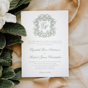 Elegant Sage Green Monogram Wedding Crest Invitation