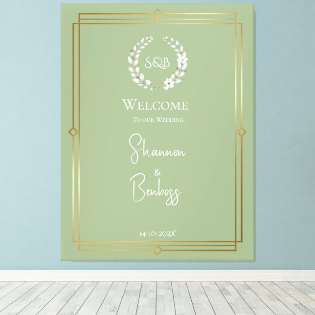 Elegant Sage Green Monogram Wedding Welcome Canvas Print (Insitu(Wood Floor))