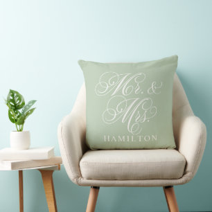 Elegant Sage Green Mr and Mrs Script Wedding Cushion