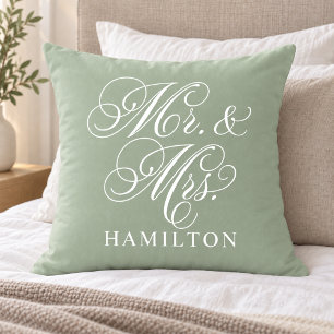 Elegant Sage Green Mr and Mrs Script Wedding Cushion