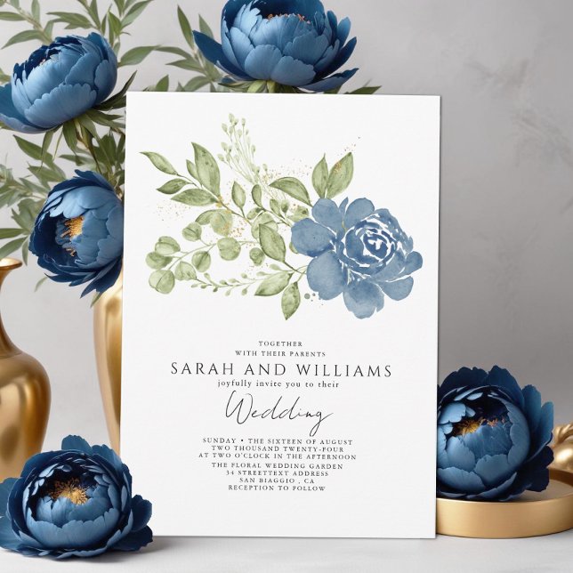 Elegant Sage Green Navy Blue  Floral Boho Wedding  Invitation (Creator Uploaded)
