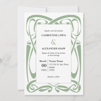 Elegant Sage Green on White Vintage Ribbon Invitation