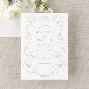 Elegant Sage Green Ornate Floral Frame Wedding Invitation