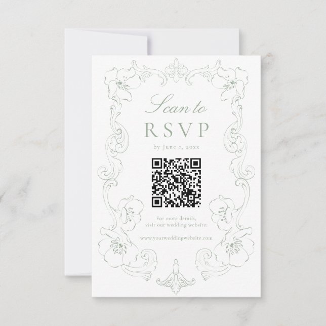 Elegant Sage Green Ornate Floral QR Code Wedding RSVP Card (Front)