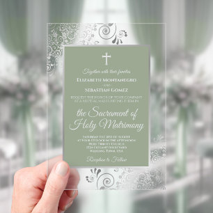 Elegant Sage Green Ornate Silver Catholic Wedding Acrylic Invitations