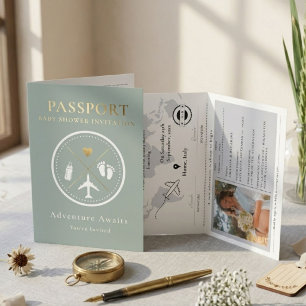 Elegant Sage Green Passport Photo Boy Baby Shower  Invitation