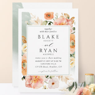Elegant Sage Green, Peach Botanical Wedding Invitation