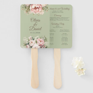 Elegant Sage Green Peony Floral Wedding Program Hand Fan